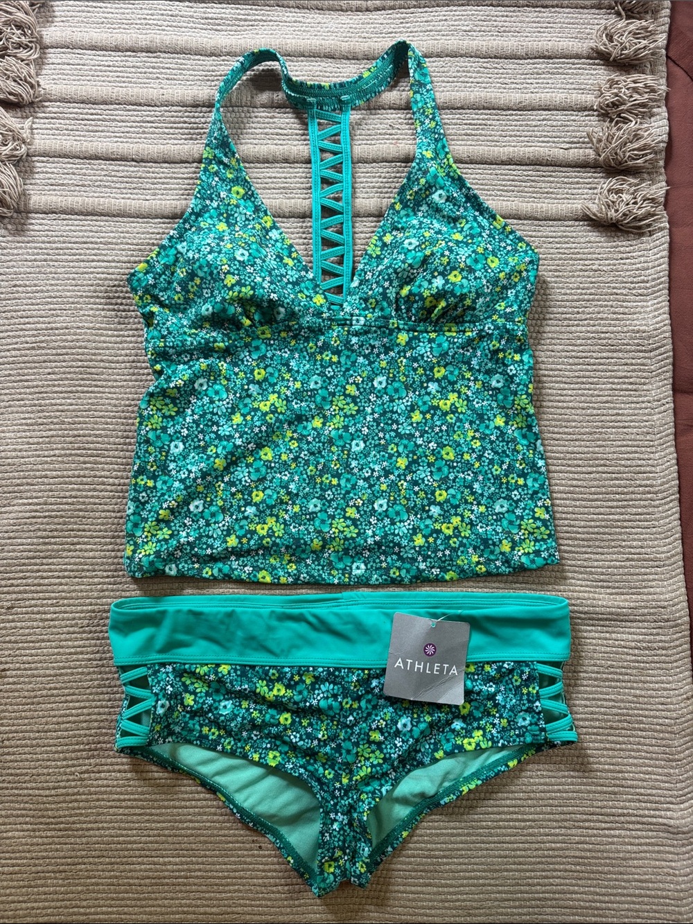 Athleta zahara swim suit tankini shorts ditsy floral teal turquoise NEW womens M